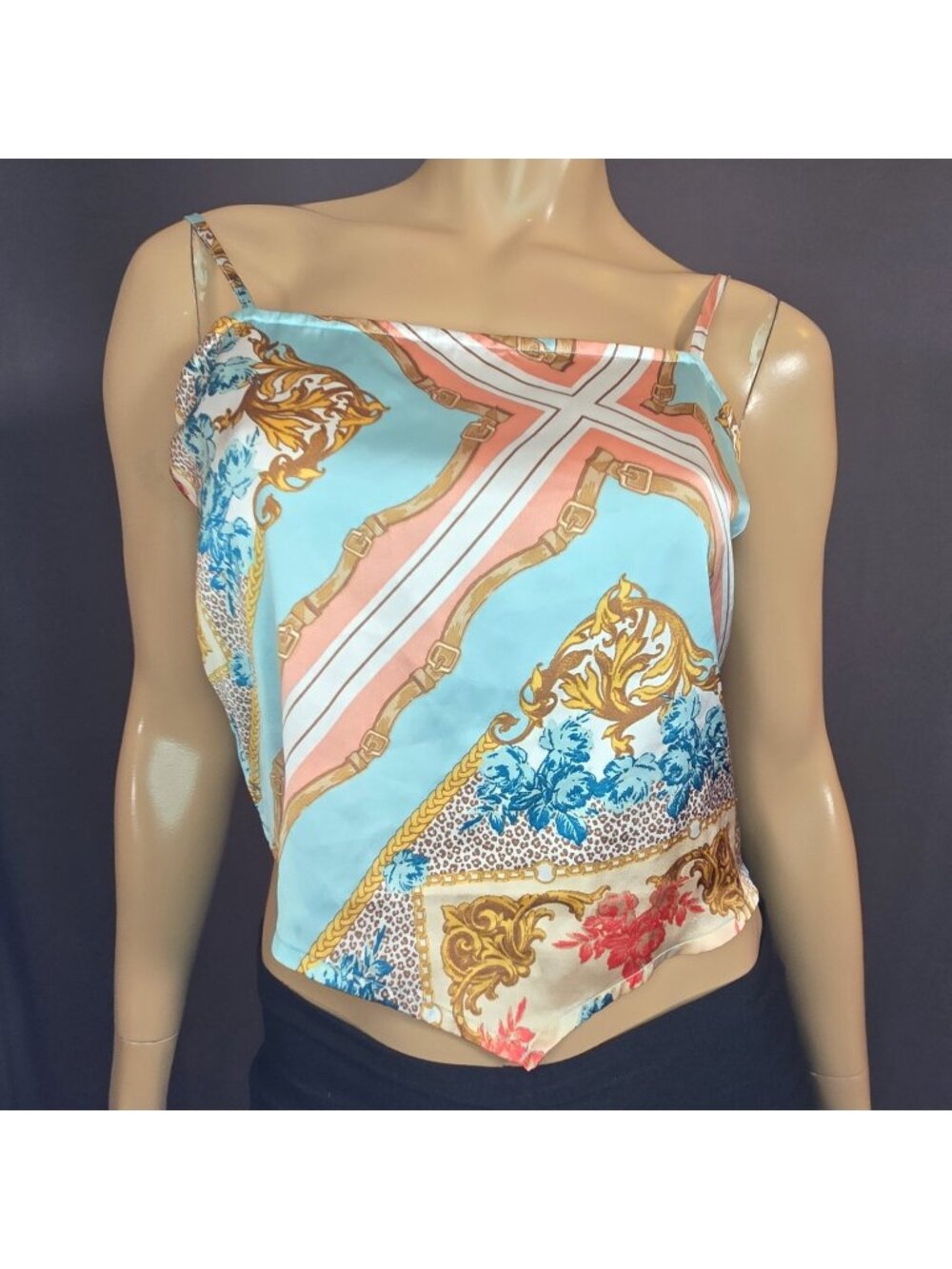 Y2K GUESS Satin Scarf Print Baroque Cami Top Size M Turquoise Blue Pink